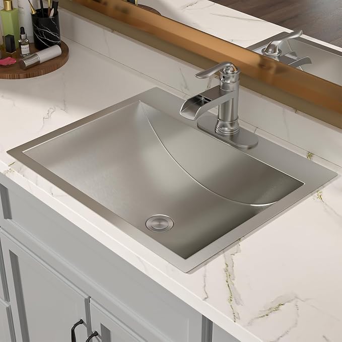 Lordear Stainless Steel Bathroom Sink 20x17 Inch Rectangular 304 Stainless Steel Vanity Topmount Lavatory Sink, Modern Drop In Bathroom Basin with Pop Up Drain Assembly