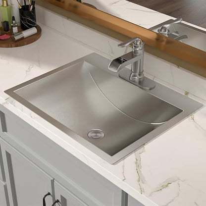 Lordear Stainless Steel Bathroom Sink 20x17 Inch Rectangular 304 Stainless Steel Vanity Topmount Lavatory Sink, Modern Drop In Bathroom Basin with Pop Up Drain Assembly