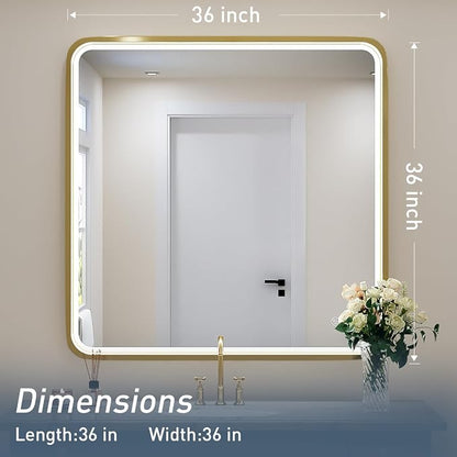 36X36 Inch LED Gold Frame Bathroom Mirror, ETL Listed | Anti-Fog,3 Color 3000K/4500K/6000K Dimmable,Horizontal & Vertical,Wall Mounted,Memory Function