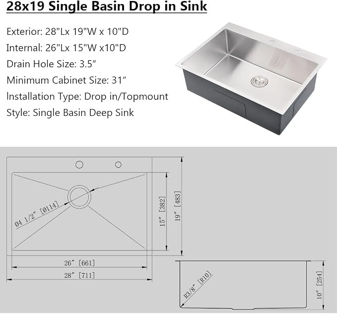 Drop in Kitchen Sink, 28x19 Stainless Steel Kitchen Sink | Drop In Top Mount 16 Gauge Single Bowl Deep Sink with Drain Strainer