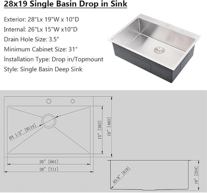 Drop in Kitchen Sink, 28x19 Stainless Steel Kitchen Sink | Drop In Top Mount 16 Gauge Single Bowl Deep Sink with Drain Strainer