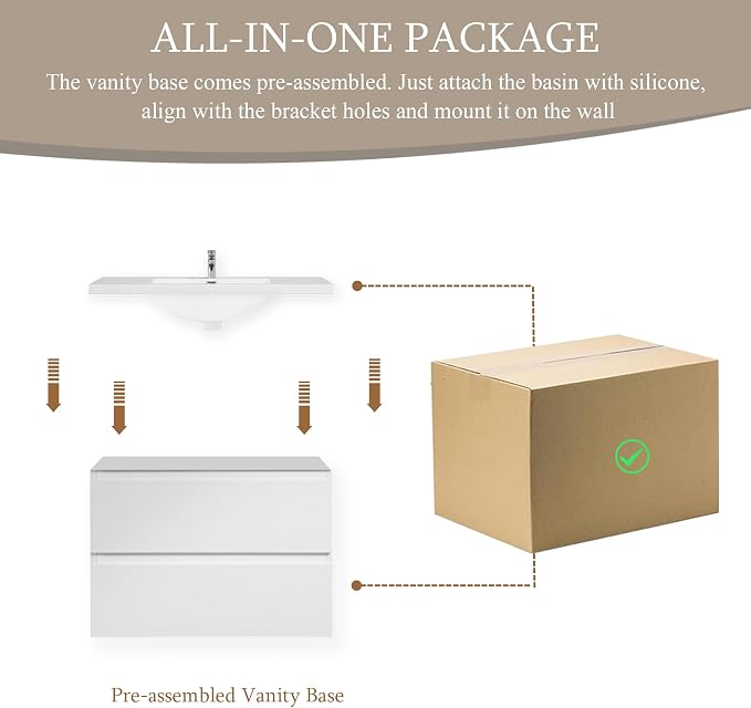 Floating Bathroom Vanity with Sink, 30" Wall-Mounted Bathroom Vanity | Resin Top Basin and Soft Close Drawers, No Assembly Required, Glossy White