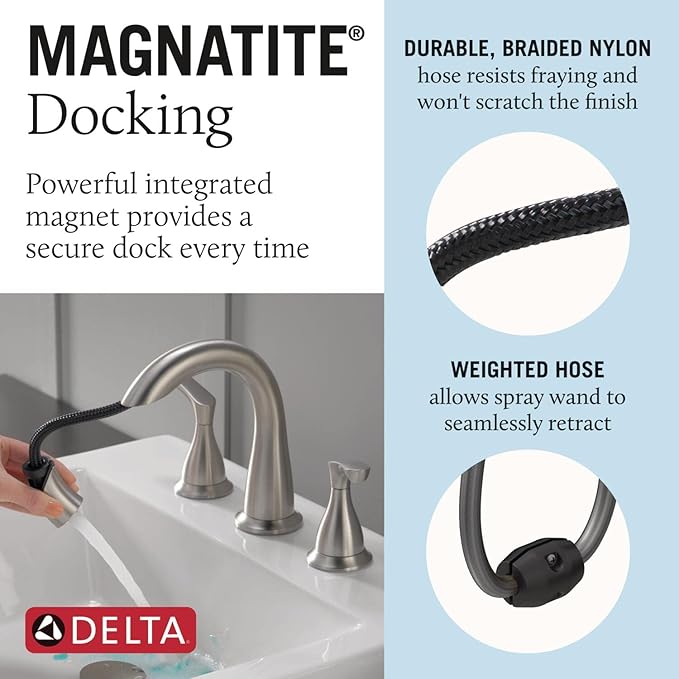 Delta Broadmoor Brushed Nickel Bathroom Faucet with Sprayer, 8 Inch 3 Hole Widespread Bathroom Sink Faucet with Pull Out Sprayer, Push-Pop Drain, SpotShield Stainless 35765LF-SPPD