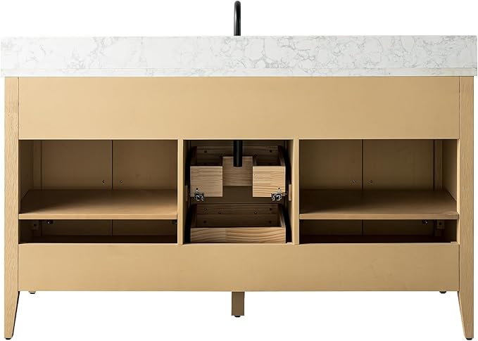 Vanity Art 60 inch Bathroom Vanity with Single Sink & Ceramic Top, Vanity Cabinet with Soft-Closing Doors, Drawers, Solid Wood Frame, Natural Oak, VA9060-SNO-MB1