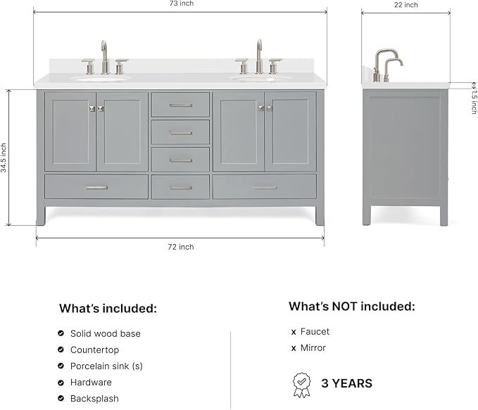 ARIEL Cambridge 72-inch Bathroom Vanity with Sink,Solid Wood, 1.5-inch Pure White Quartz Countertop & Backsplash, Double Oval Porcelain Sink, 4 Soft Closing Doors, 6 Dovetail Drawers, Grey
