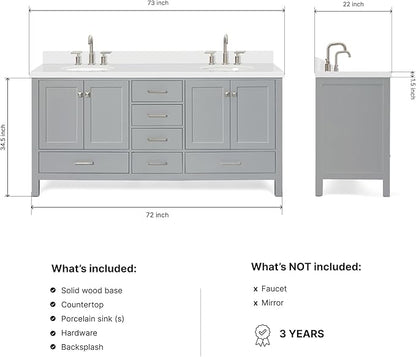 ARIEL Cambridge 72-inch Bathroom Vanity with Sink,Solid Wood, 1.5-inch Pure White Quartz Countertop & Backsplash, Double Oval Porcelain Sink, 4 Soft Closing Doors, 6 Dovetail Drawers, Grey