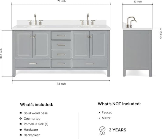 ARIEL Cambridge 72-inch Bathroom Vanity with Sink,Solid Wood, 1.5-inch Pure White Quartz Countertop & Backsplash, Double Oval Porcelain Sink, 4 Soft Closing Doors, 6 Dovetail Drawers, Grey