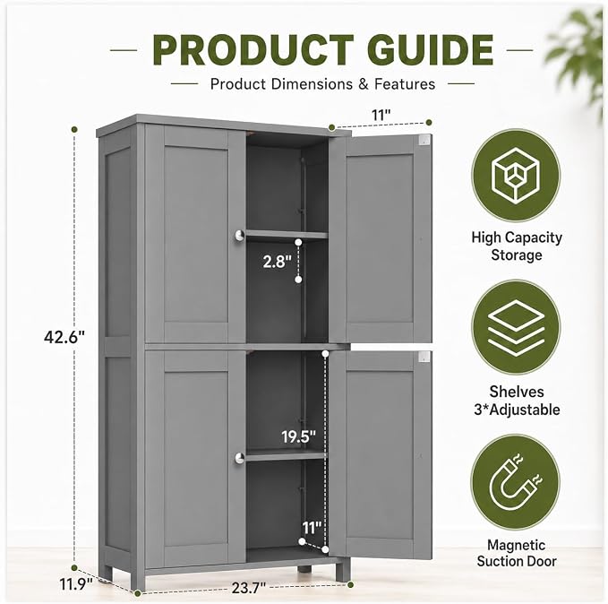 Nuturelly Bathroom Floor Storage Cabinet, 4 Doors, Anti-Tip, Grey | 23.7"D x 11.9"W x 42.6"H, Adjustable Shelves, Shaker style, 5-position Shelves, Anti-tip Kit, Rounded Corners, Easy Assembly