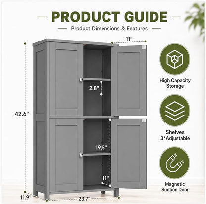 Nuturelly Bathroom Floor Storage Cabinet, 4 Doors, Anti-Tip, Grey | 23.7"D x 11.9"W x 42.6"H, Adjustable Shelves, Shaker style, 5-position Shelves, Anti-tip Kit, Rounded Corners, Easy Assembly