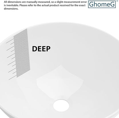 16''x16'' Vessel Sink - Round White Ceramic Porcelain Above Counter Bowl for Bathroom Vanity, Small Art Basin