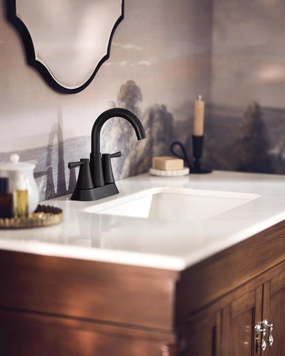 Moen Ronan Matte Black Two-Handle 4" Centerset Modern Bathroom Faucet with Push-Down Drain, 84022BL