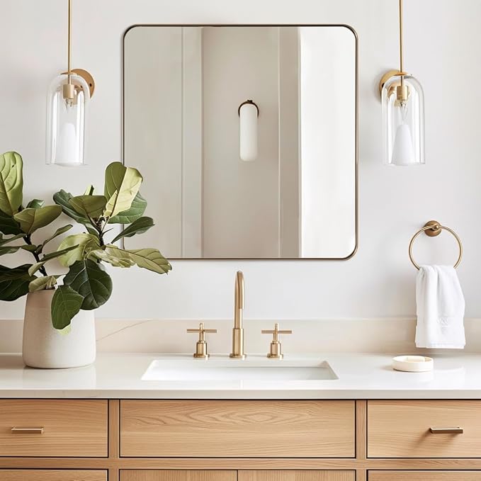 Square Wall Mirror for Bathroom, 24”x24” Brushed Gold Bathroom Mirror, Rounded Corner Metal Mirror in Premium Stainless Steel Frame Hangs Horizontal Or Vertical（No Rose Gold）