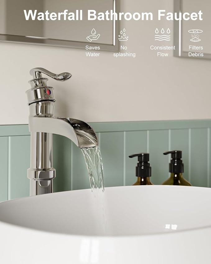 BWE Vessel Sink Faucet Waterfall Tall Chrome Bathroom Faucet | Single Handle 1 Hole Brass Countertop Lavatory Vanity Mixer Tap with Pop Up Drain and Supply Lines for RV Bar No Overflow