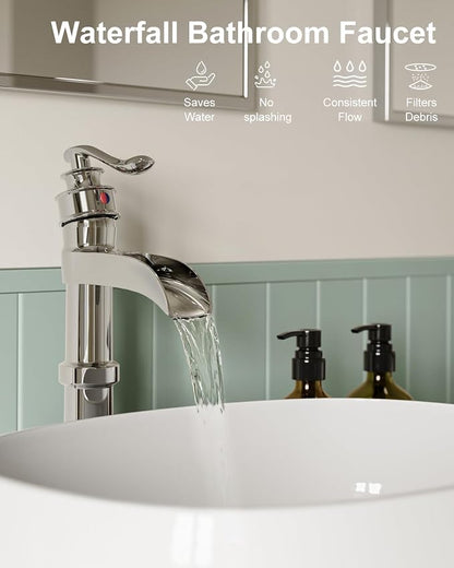 BWE Vessel Sink Faucet Waterfall Tall Chrome Bathroom Faucet | Single Handle 1 Hole Brass Countertop Lavatory Vanity Mixer Tap with Pop Up Drain and Supply Lines for RV Bar No Overflow
