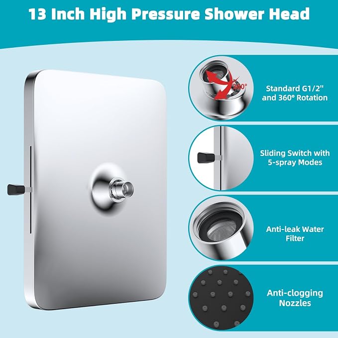 Hibbent cUPC Certified 5 Spray Modes Shower Head, 13'' High Pressure Large Rainfall Shower Head, High Flow Waterfall Bathroom Fixed Showerheads with Adjustable Swivel Ball Joint, Chrome