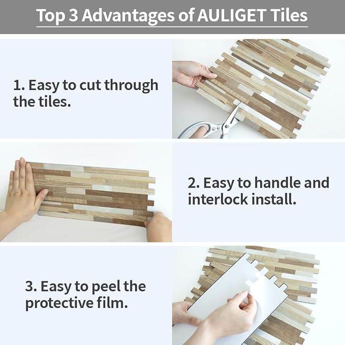 AULIGET 2 Sheets Beige & Brown Wood Peel and Stick Backsplash, PVC Mixed Metal Silver Wall Tile Stick on Backsplash for Kitchen and Bathroom