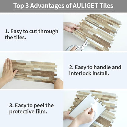 AULIGET 2 Sheets Beige & Brown Wood Peel and Stick Backsplash, PVC Mixed Metal Silver Wall Tile Stick on Backsplash for Kitchen and Bathroom