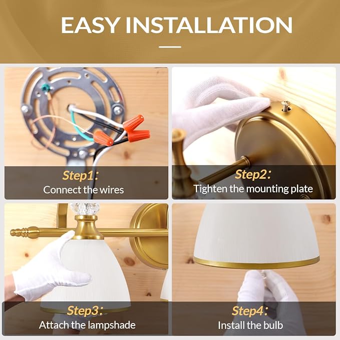 Brushed Gold Vanity Light, 4-Light Bathroom Light Fixtures, Vintage Wall Lamp with Bell Shaped Frosted Lampshade, 27.8 Inch Bathroom Lighting Fixtures Over Mirror, (Bulbs Not Included)