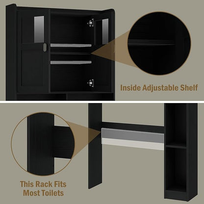 Vabches Over The Toilet Storage Cabinet, Bathroom Shelf Over Toilet with Glass Doors and Adjustable Shelves, Black Freestanding Home Space Save Toilet Rack, for Restroom, Bathroom, Laundry