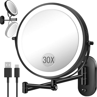 9'' 30X/1X Wall Mounted Height Adjustable Lighted Magnifying Makeup Mirror | 5000mAh Rechargeable Bathroom Mirror with 3 Color Modes Light, Extended Arm Space Saving for Apartment, Hotel, Rental House