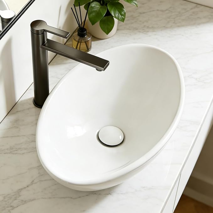 NUESTRA VIDA 20.5" x 12.6" x 5.5" Glossy White Egg Shaped Vessel Sink, Modern Above Counter Bathroom Vanity Basin