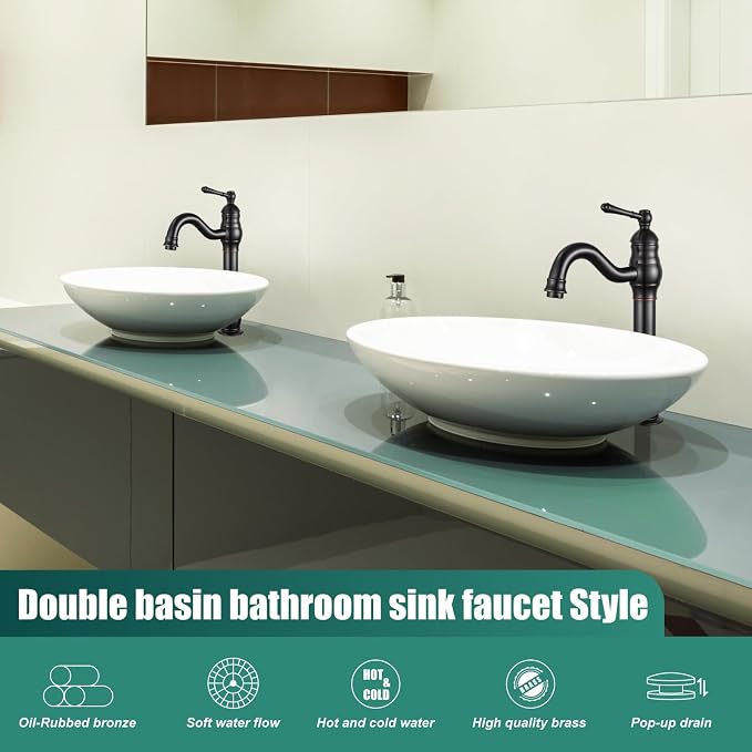 Heyalan Tall Vessel Sink Faucet, Single Handle 1-Hole,Oil Rubbed Bronze | SUS304 stainless steel, 360° swivel spout, includes pop-up drain & hoses, deck mount 1-hole, tall design for vessel sink