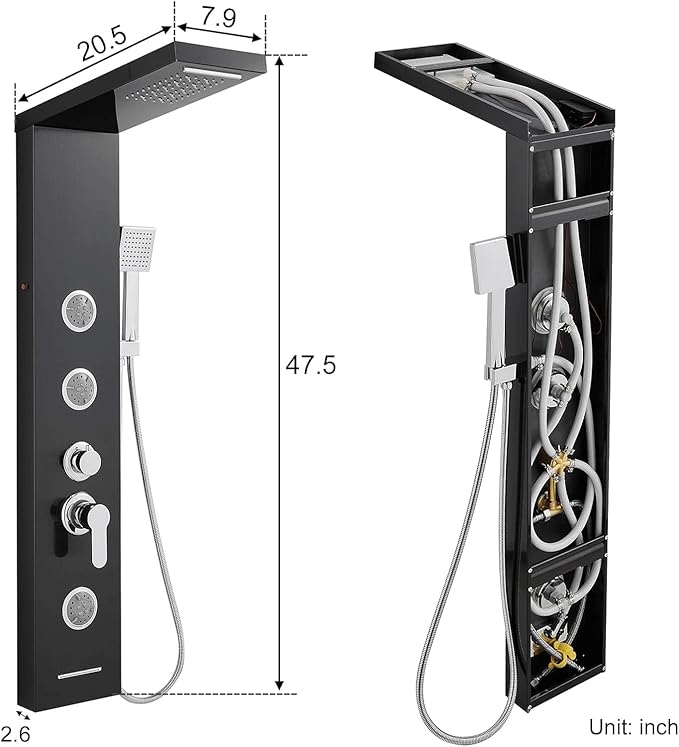 Multi-Function LED Lights Shower Panel System Black, 5 in 1 Shower Panel Include Rainfall & Waterfall Shower Head, 3 Pcs Adjustable Massage Jets, Handheld Shower, Tub Spout