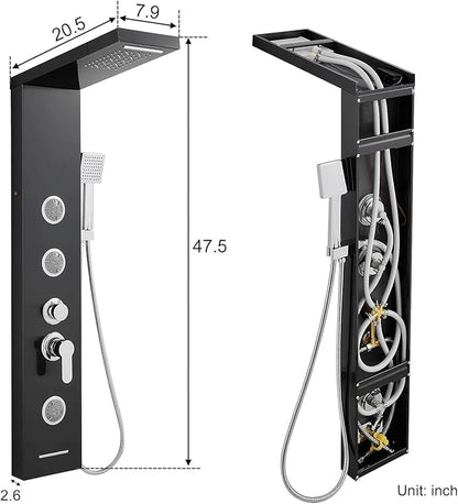 Multi-Function LED Lights Shower Panel System Black, 5 in 1 Shower Panel Include Rainfall & Waterfall Shower Head, 3 Pcs Adjustable Massage Jets, Handheld Shower, Tub Spout