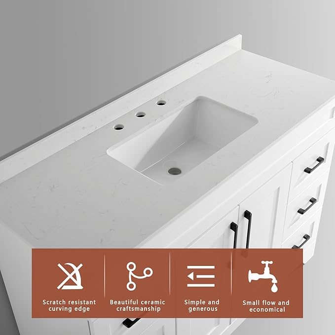 48" Luxurious Bathroom Vanity with White Stone Countertop and Rectangle Sink and Back Splash,2 Soft Closing Doors & 6 Full Extension Drawers (Without Faucet、Pop Up Drain &Mirror)