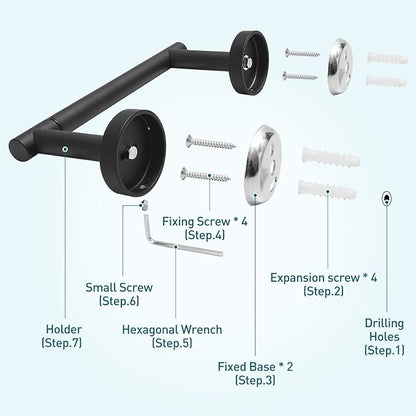 Pokim Matte Black Bathroom Hardware Set - SUS304 Stainless Steel Toilet Paper Holder,Towel Ring and 2 Robe Hooks,Rustproof,Wall Mounted 4 Piece Bathroom Accessories,Easy Installation for Bathroom
