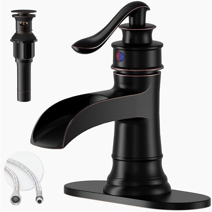 Oil Rubbed Bronze Waterfall Bathroom Faucet Single Handle Bathroom Faucets | 1 Hole or 3 Hole Sink Brass Waterfall Faucet for Vintage Antique Lavatory Washroom with Pop Up Drain Deck Plate by BATHLAVISH