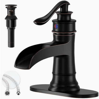 Oil Rubbed Bronze Waterfall Bathroom Faucet Single Handle Bathroom Faucets | 1 Hole or 3 Hole Sink Brass Waterfall Faucet for Vintage Antique Lavatory Washroom with Pop Up Drain Deck Plate by BATHLAVISH