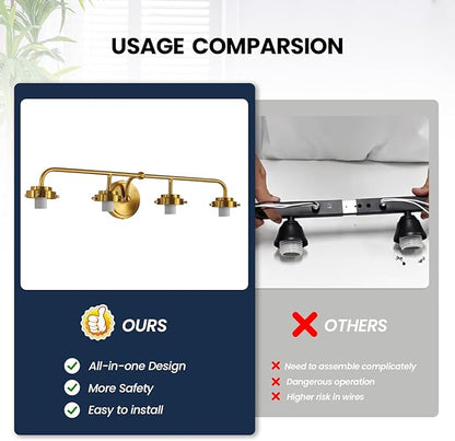 Bathroom Vanity Light Fixtures: 4 Lights Brushed Gold Vanity Lights for Bathroom, E26 60w Hardwired Wall Sconce Lighting with Frosted Milky Glass Over Mirror (Exclude Bulb)