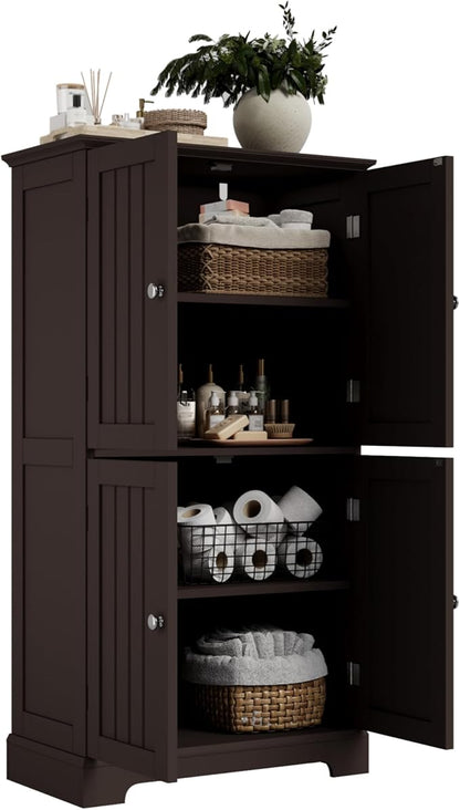 ChooChoo Bathroom Floor Cabinet, Modern Bathroom Storage Cabinet with 4 Doors and Adjustable Shelves, Freestanding Cupboard for Living Room, Espresso