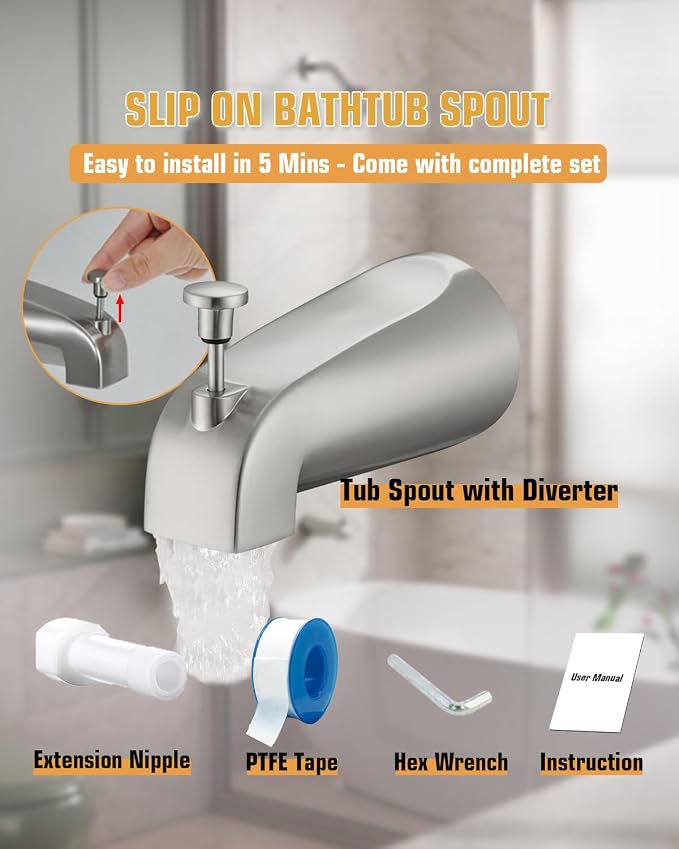 Tub Spout with Diverter, Slip On Bathtub Spout Fits 1/2'' Copper Tube(5/8'' Dia), Bathroom Tub Faucet with PTFE Tape & Hex Wrench, Brushed Nickel