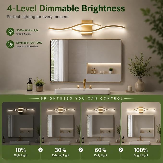 Modern Vanity Lights Dimmable Bathroom Light Fixtures Over Mirror Bathroom LED Vanity Light for Bathroom Living Room (Gold,39.37Inch,5500K)
