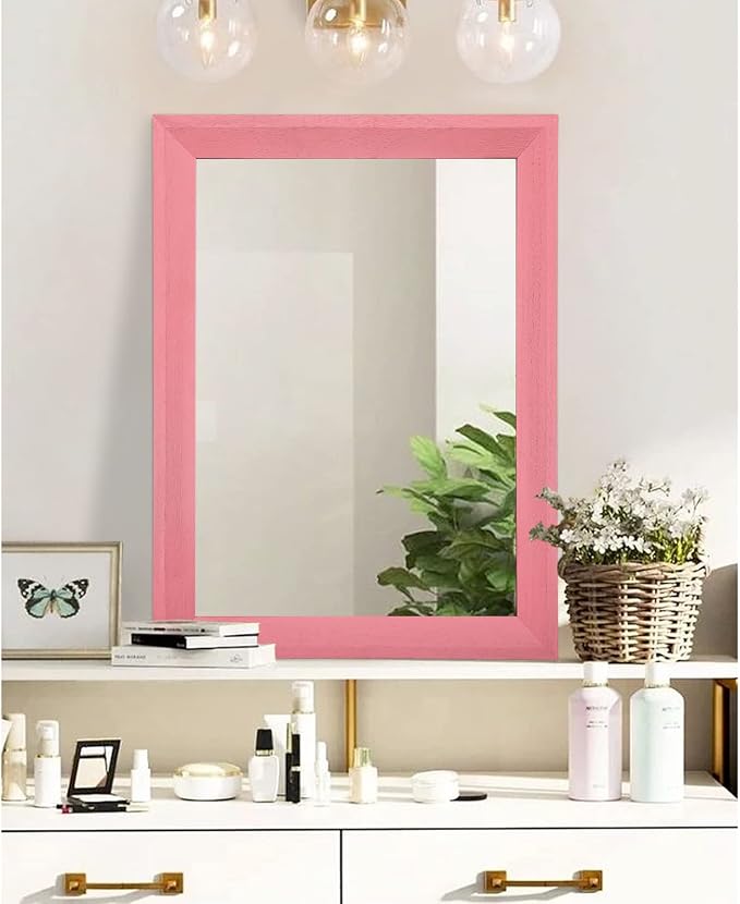 AAZZKANG Rectangle Mirror with Wood Frame Modern Farmhouse Wall Mirrors Decor Large 26"x18" for Bedroom Bathroom Living Room Pink