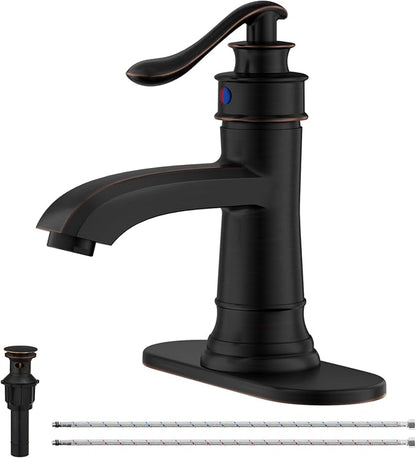 Oil Rubbed Bronze Bathroom Faucet Brass Single Handle Bathroom Sink Faucets | Single Hole Farmhouse Faucet Vanity Lavatory RV with Overflow Pop Up Drain Mixer Tap Commcercial Rustic by BATHLAVISH