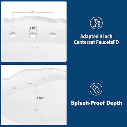 26"W x 20"D U-Shape Pedestal Sink, White Ceramic Pedestal Bathroom Sink with Overflow and 3 Pre-Drilled Holes, Modern Bath Pedestal Sink Combo