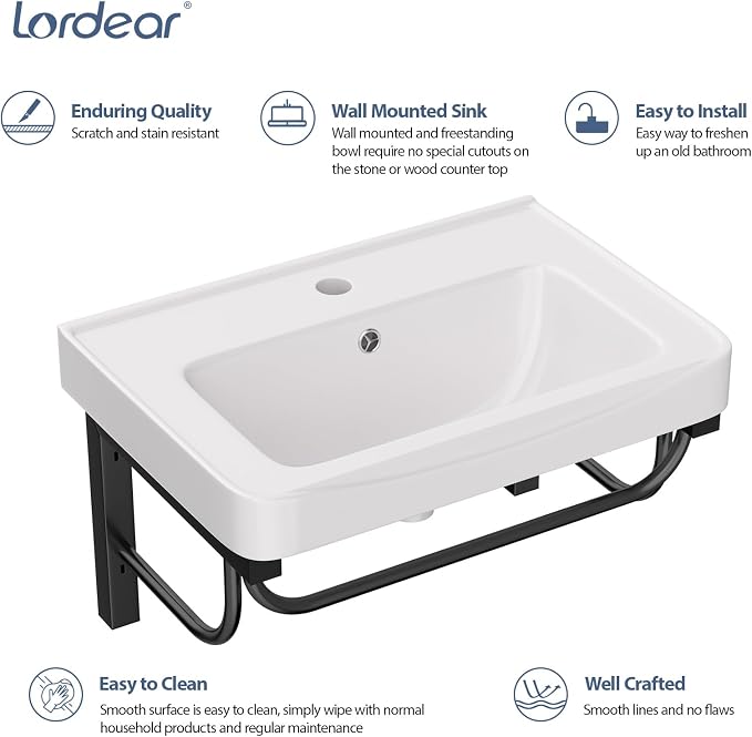 Lordear Wall Mounted Bathroom Sink with Towel Rack 20 x 14 Inch Modern Black Wall Hung Sink for ADA Bathrooms, Rectangular One Hole Porcelain Vanity Sinks