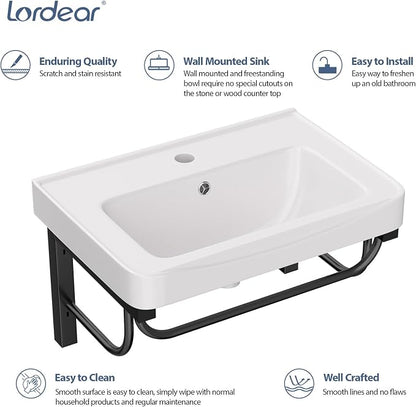 Lordear Wall Mounted Bathroom Sink with Towel Rack 20 x 14 Inch Modern Black Wall Hung Sink for ADA Bathrooms, Rectangular One Hole Porcelain Vanity Sinks