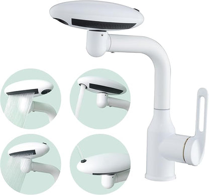 Bathroom Sink Faucet 1 Hole, White Multifunctional Basin Faucet with 4 Water Outlet Modes, Modern 360°Rotatable Bar Tap with Two Water Supply Pipes