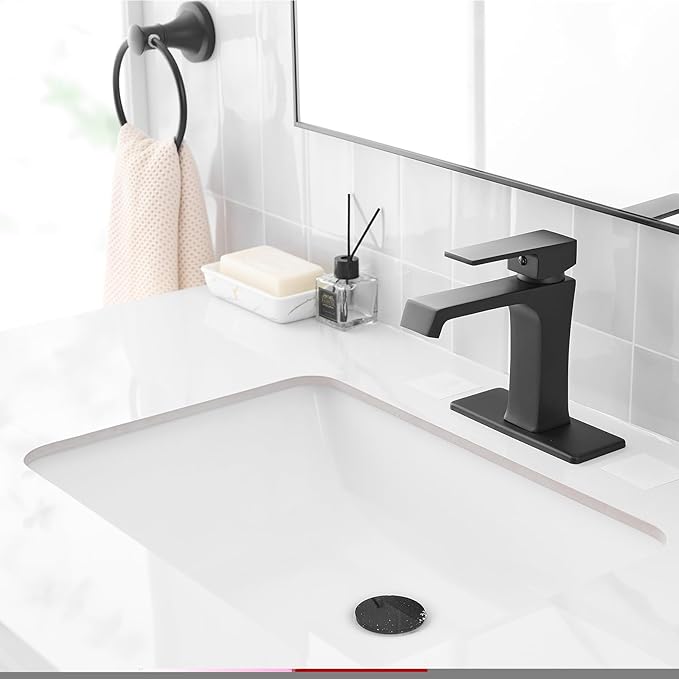 Waterfall Bathroom Faucet Black Bathroom Sink Faucet, Modern Single Hole Bathroom Faucet, Single Handle RV Sink Vanity Faucet—Includes Pop-Up Drain, Suitable for 1-Hole or 3-Hole