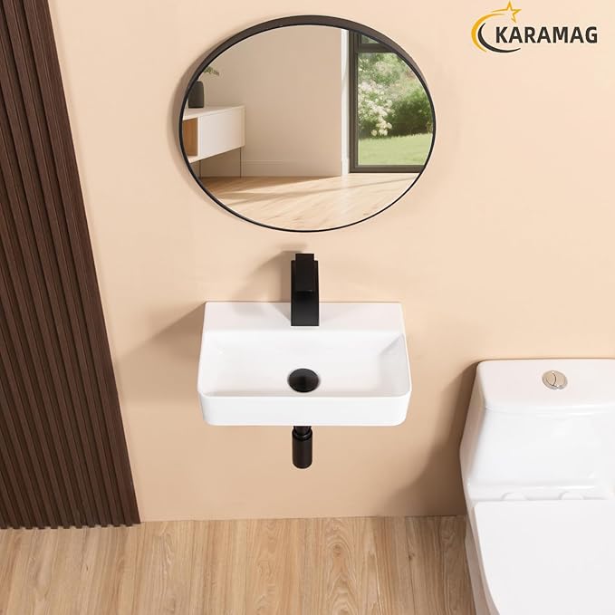 Small Vessel Sink 17.7"x11.2" Wall Mount Bathroom Sink Rectangular White Porcelain Ceramic Floating Tiny Bathroom Wall Mounted RV Sink
