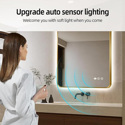 30" x 36" Gold LED Bathroom Mirror with Lights - Motion Sensor | Smart Backlit Mirror Bathroom, Anti-Fog, 3-Color Stepless Dimmable, Memory Function, Metal Framed Rounded-Corner Rectangle