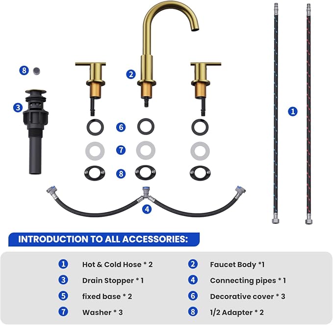 Bathroom Faucets for 3 Hole Sinks, Hurran 8 Inch Brushed Gold Double Handle Bathroom Sink Faucet with 360° Rotating Spout & Pop-Up Drain, Widespread Faucet Suitable for Vanity, RV & Outdoor Sinks