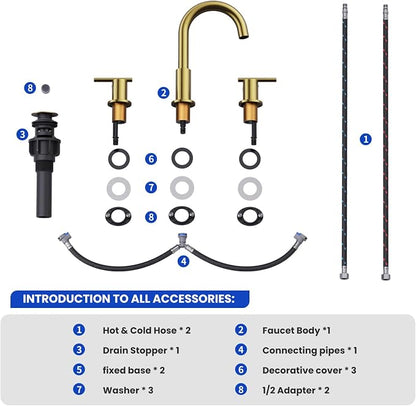 Bathroom Faucets for 3 Hole Sinks, Hurran 8 Inch Brushed Gold Double Handle Bathroom Sink Faucet with 360° Rotating Spout & Pop-Up Drain, Widespread Faucet Suitable for Vanity, RV & Outdoor Sinks
