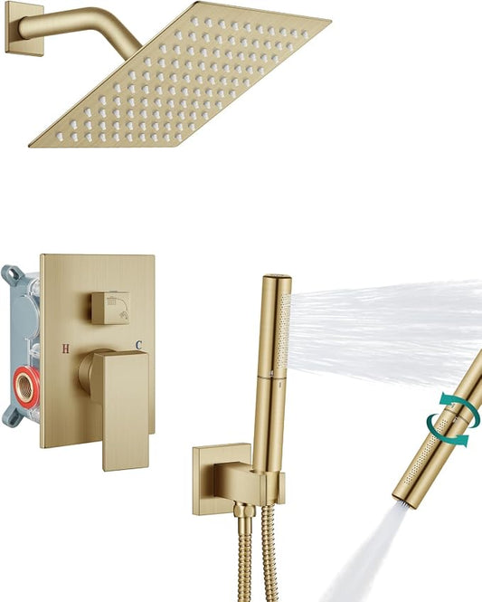 Aolemi Shower System with Rain Head and Handheld,8-Inch,Brushed Gold | High-Pressure Shower Faucet Set with Dual-Function Handheld,Rough-In Valve,1.8 GPM,Wall-Mount Trim Kit