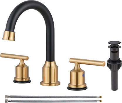 WOWOW 3 Hole Bathroom Faucet Widespread Bathroom Sink Faucet with Pop Up Drain Stopper Vanity Faucet 2 Handle Basin Taps Black and Gold Mixer Tap with Supply Hoses