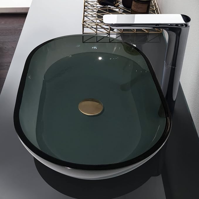 Glass Vessel Sink In Gray Top Mount Sinks | Vanity Countertop Sink Oval with Pop Up Drain |WF-704